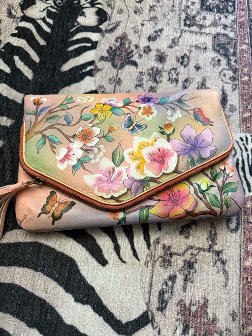 Floral Painted Leather Envelope Clutch - Pink Floral